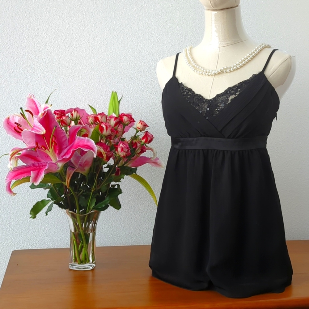 Esprit Y2K-inspired babydoll chiffon lace & rhinestone embellished top, sz 2